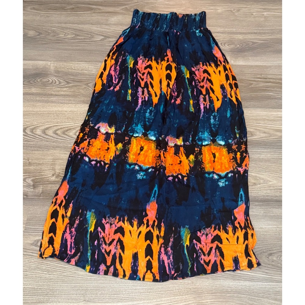 Neiman Marcus Womens XS Abstract Tie Dye Smocked Waist Tiered Maxi Skirt Blue